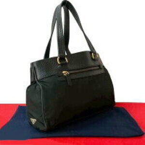 Prada Triangle Logo Leather Nylon Handbag Tote Black